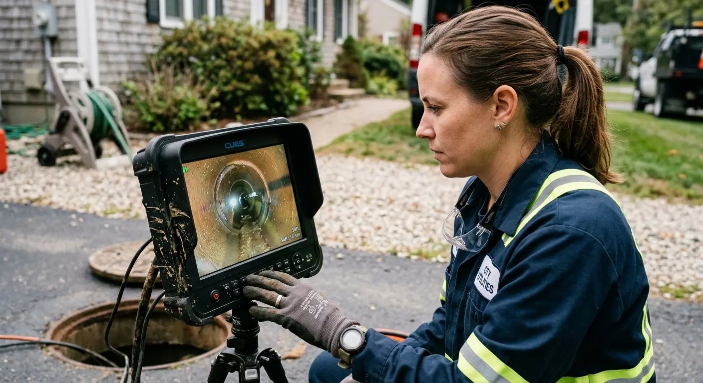 Technician reviewing sewer camera inspection footage in East End