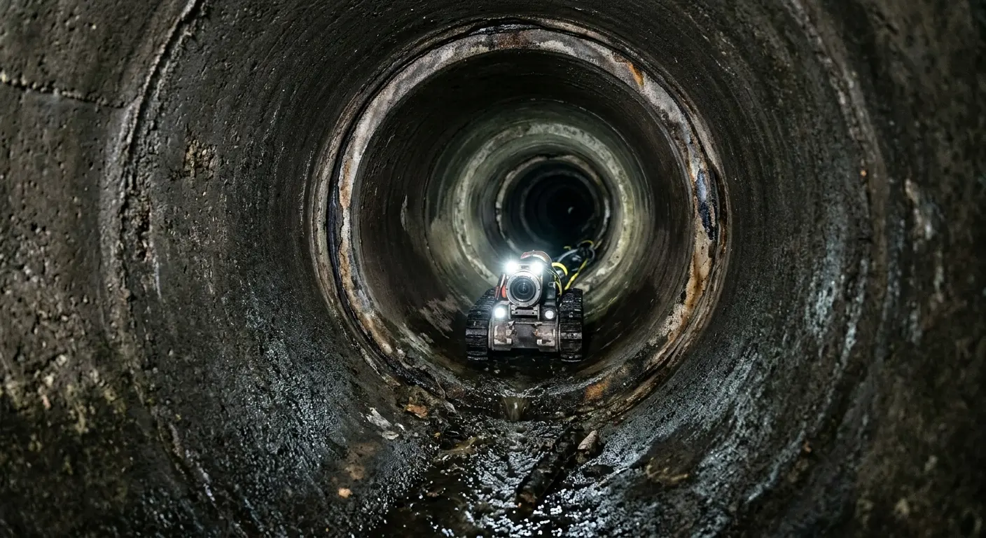 Robotic sewer camera inspecting pipe interior for Drain Snake Service in East End