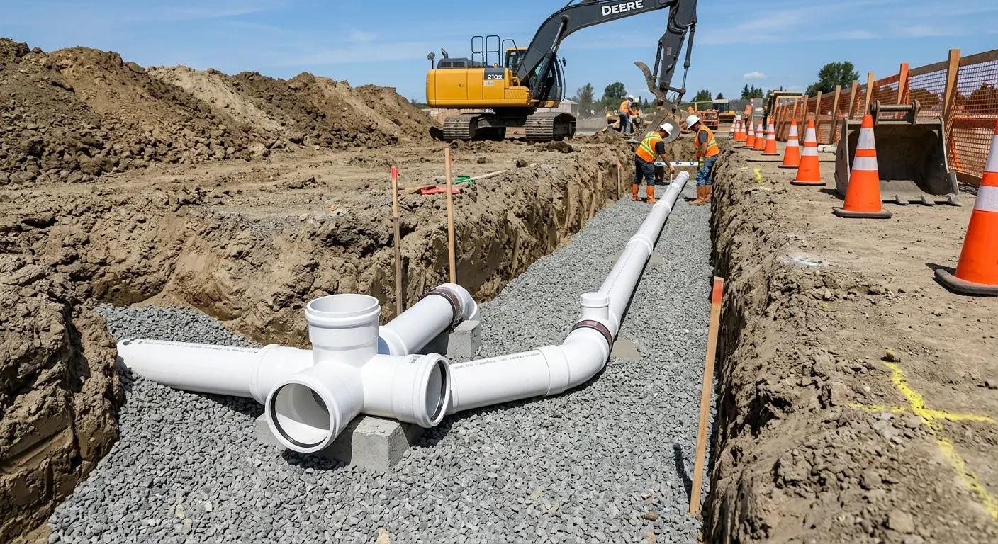 New PVC sewer pipe installation in open trench for Sewer Backup in East End