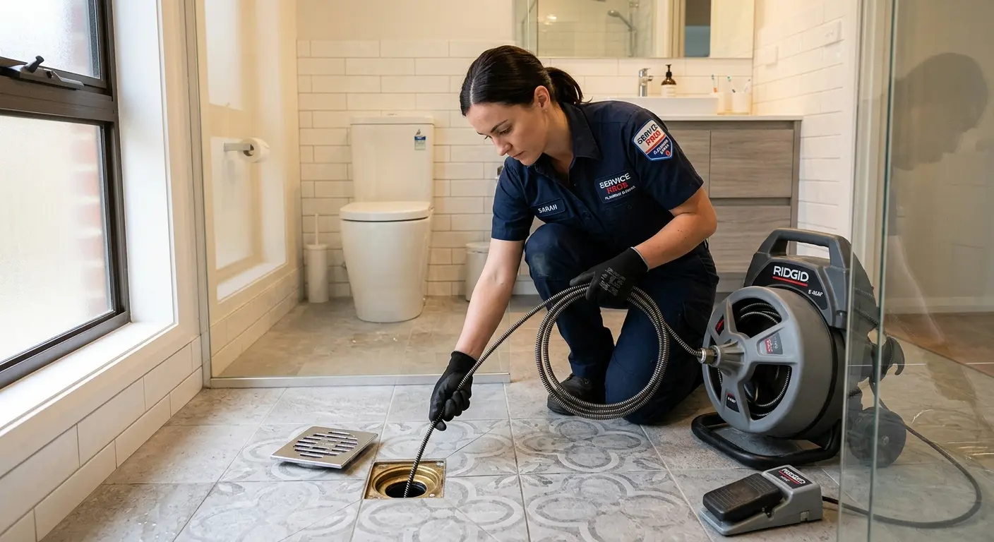 Technician clearing a bathroom floor drain for Sewer Line Replacement in East End